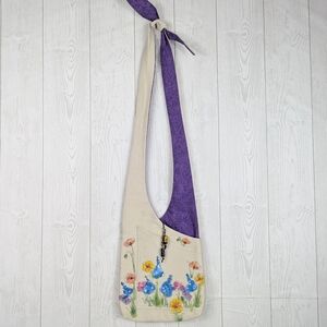 Handmade Hand Painted Floral Tote Bag Purse Light Beige With Purple Lining